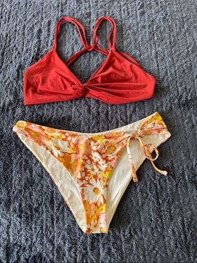 l*space Red Bikini Top with Floral Orange-Pink Tie-Side Bottom
